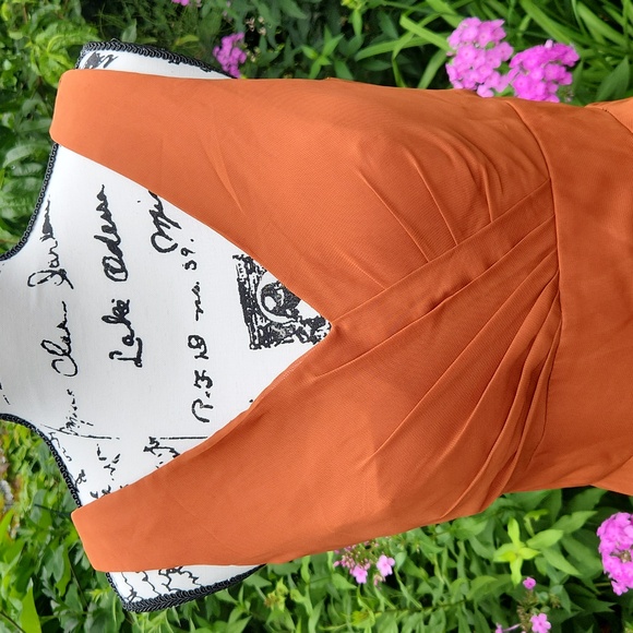 Women's Wedding, Bridesmaids, Formal Draped Burnt Orange V-Neck,  Dress - Picture 7 of 12